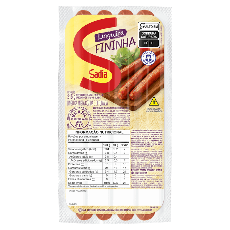 Linguiça Mista Cozida e Defumada Fininha Sadia 215g