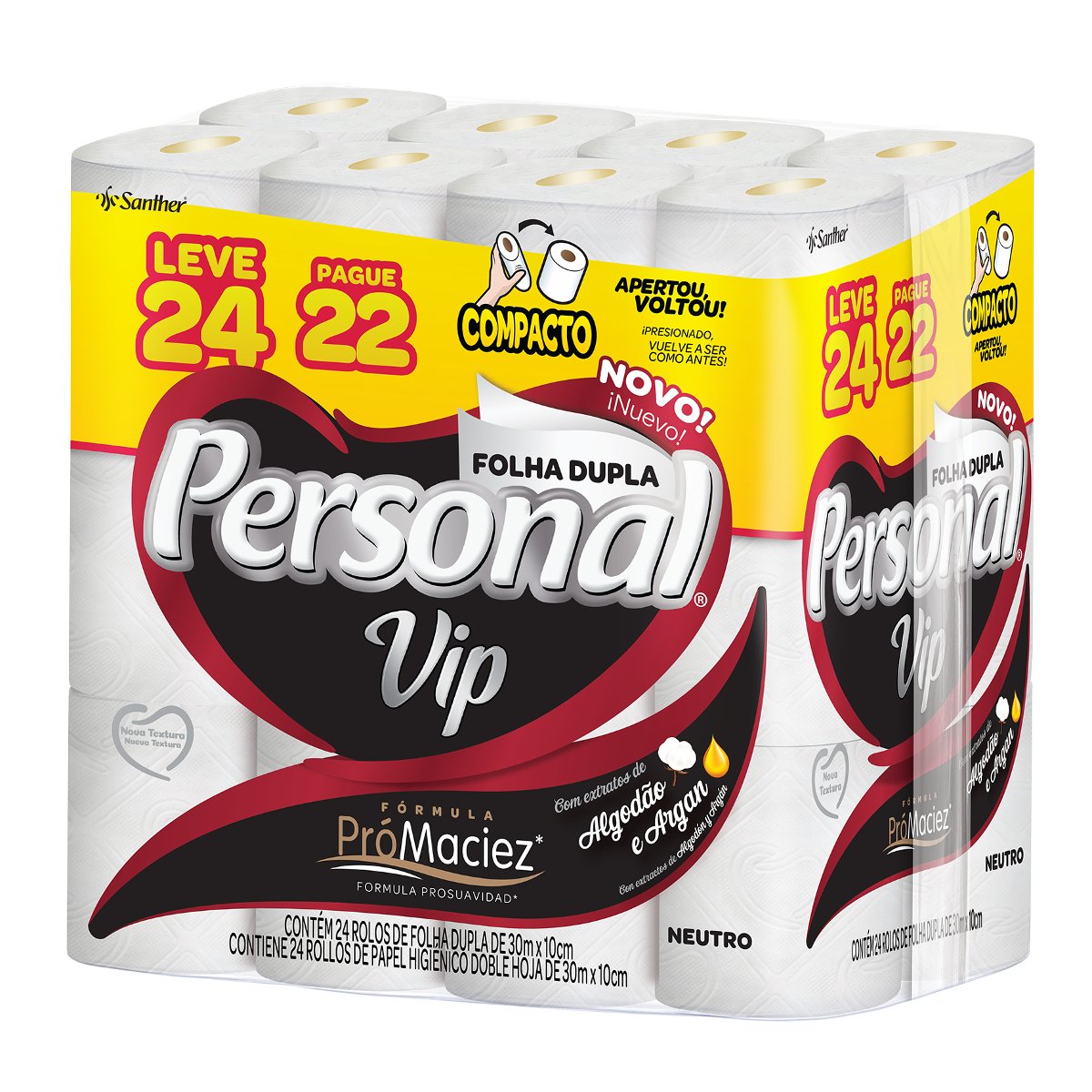 Papel Higiênico Personal Vip Folha Dupla Neutro 30m 24 Rolos - L24P22
