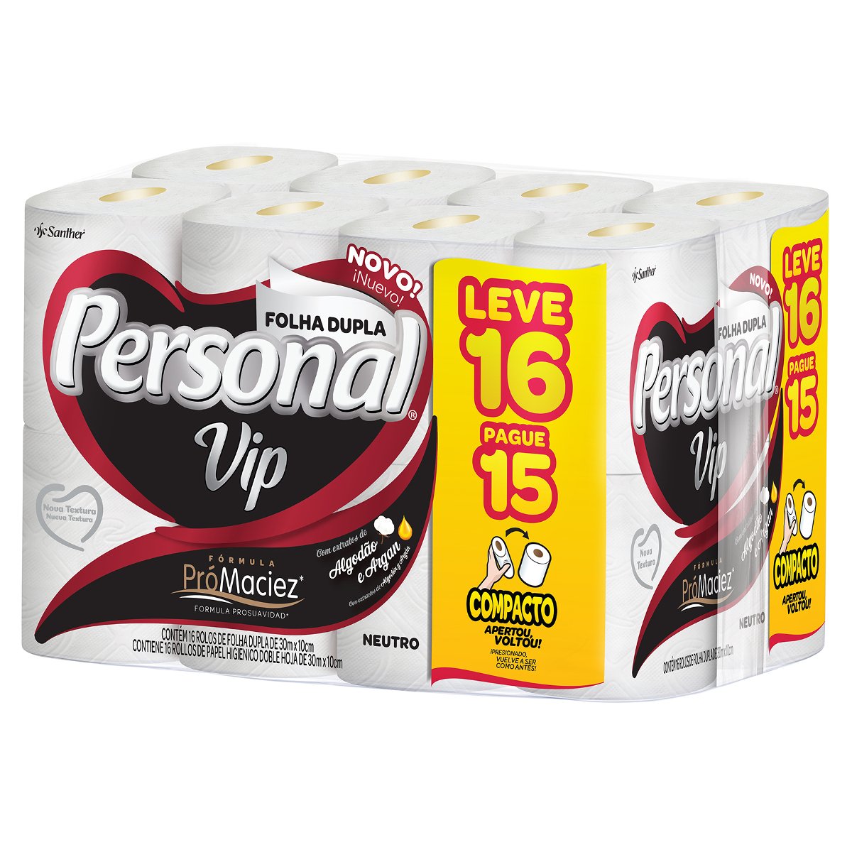Papel Higiênico Folha Dupla Neutro Personal Vip 30m Pacote Leve 16 Pague 15 Unidades