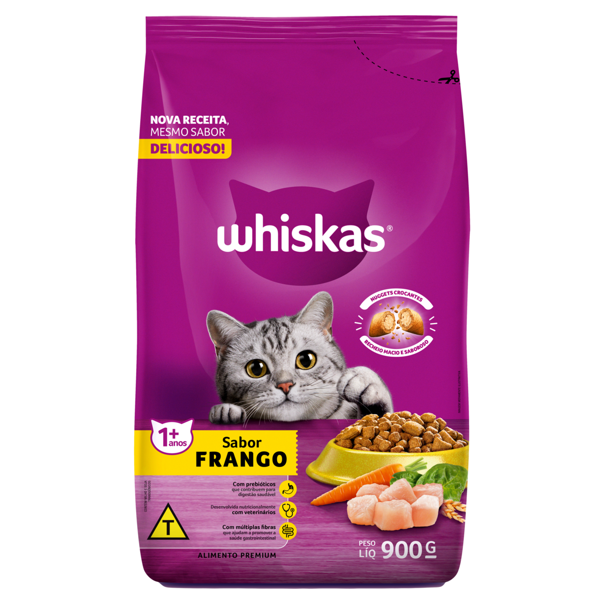 Alimento para Gatos Adultos 1+ Frango Whiskas Pacote 900g