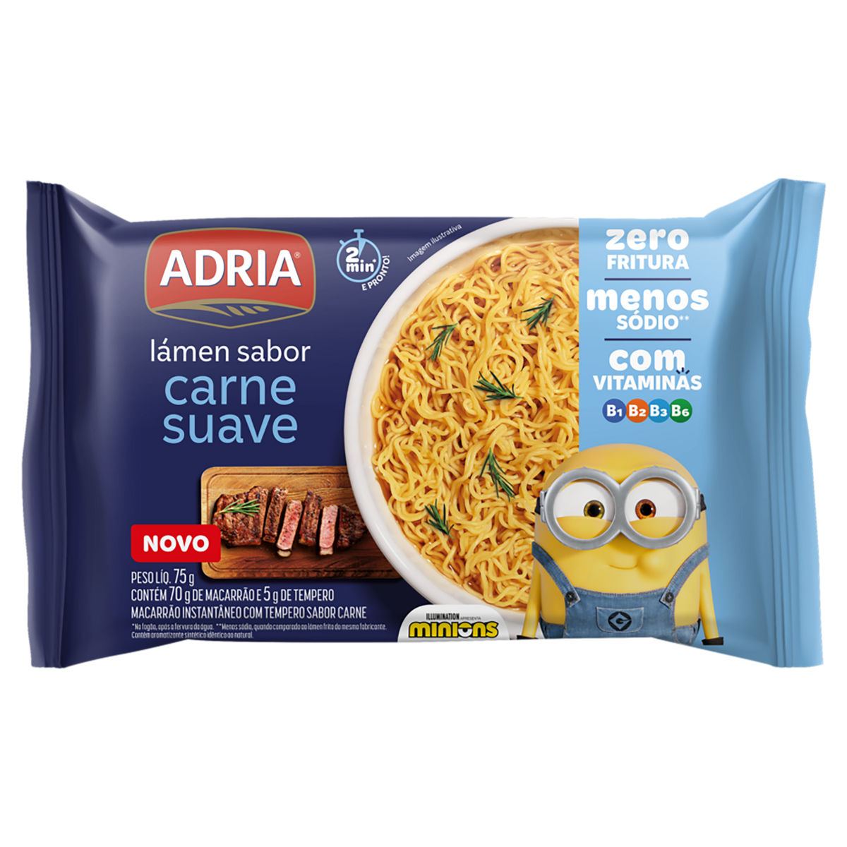 Macarrão Instantâneo Lámen Carne Suave Minions Adria Pacote 75g