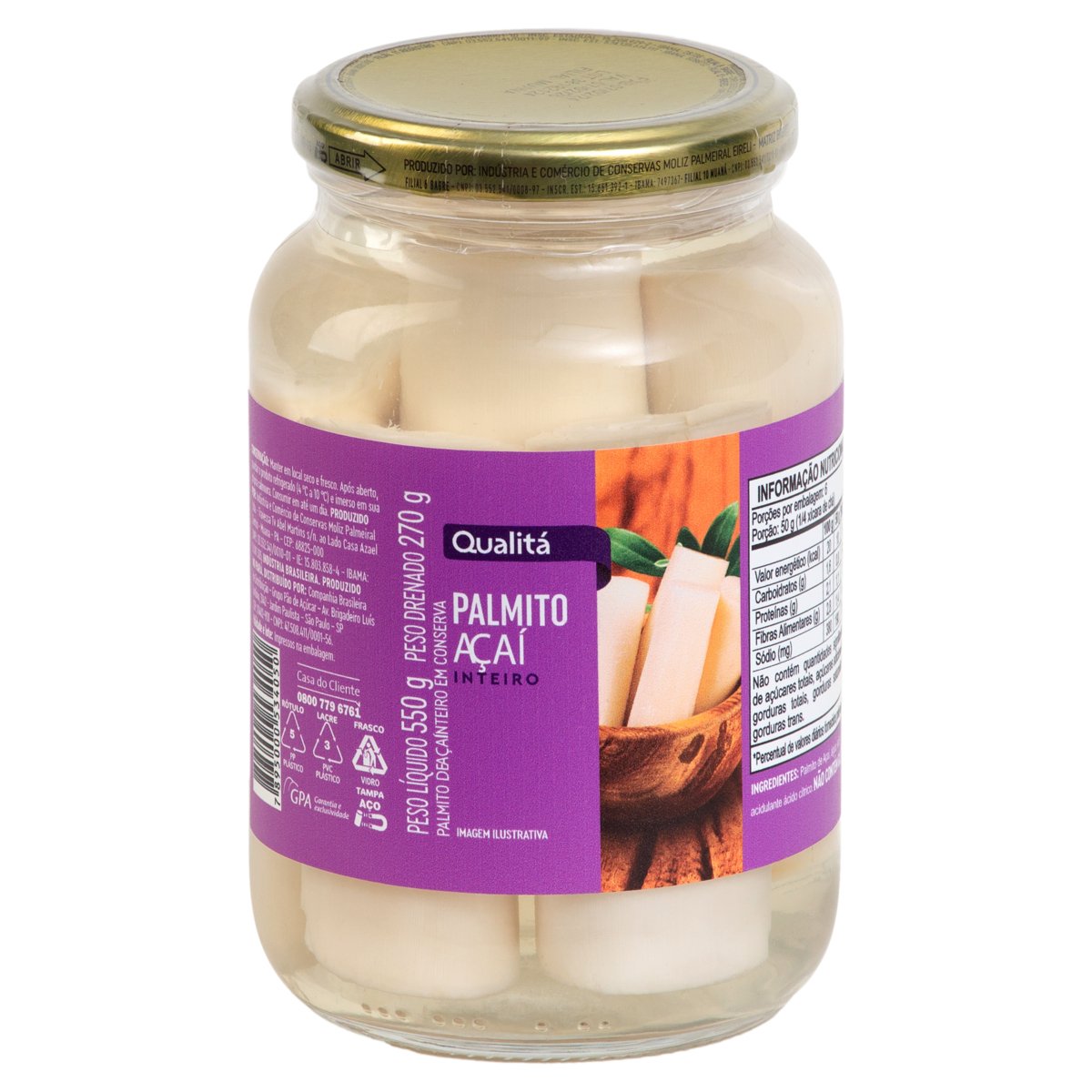 Palmito Açaí em Conserva Inteiro Qualitá Vidro 270g