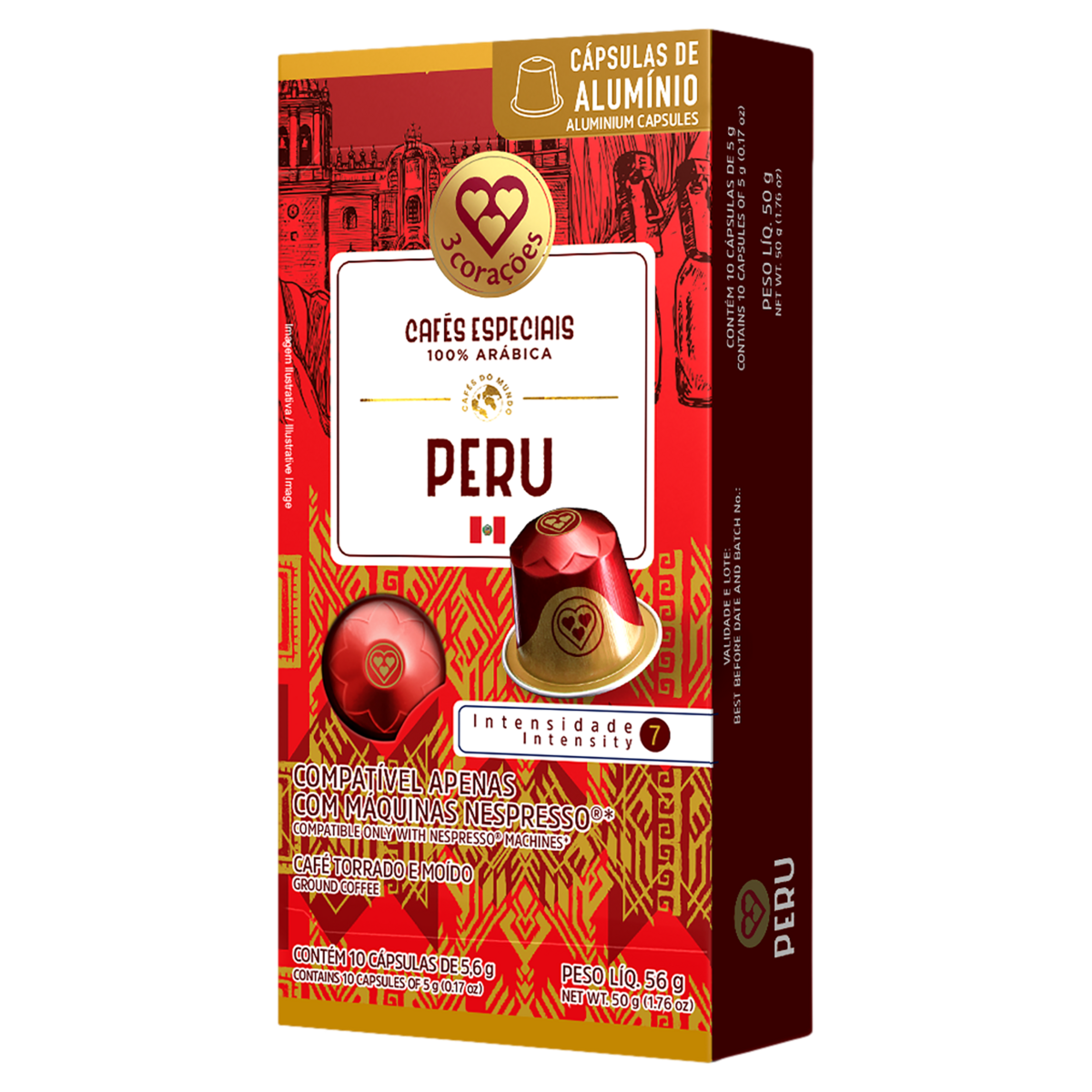 Café em Cápsula Torrado e Moído Peru 3 Corações Caixa 56g 10 Unidades