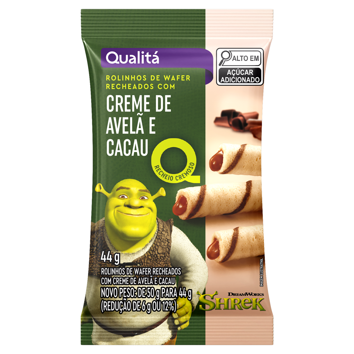 Rolinhos de Wafer Recheio Creme de Avelã e Cacau Shrek Qualitá Pacote 44g