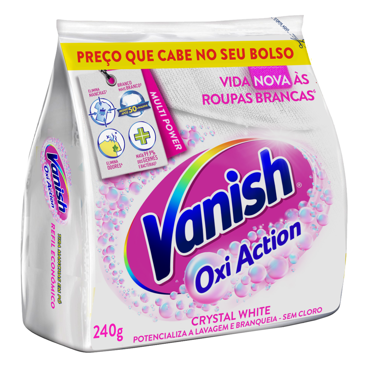Tira-Manchas Pó Roupas Brancas Vanish Oxi Action Crystal White Pacote 240g Refil Econômico