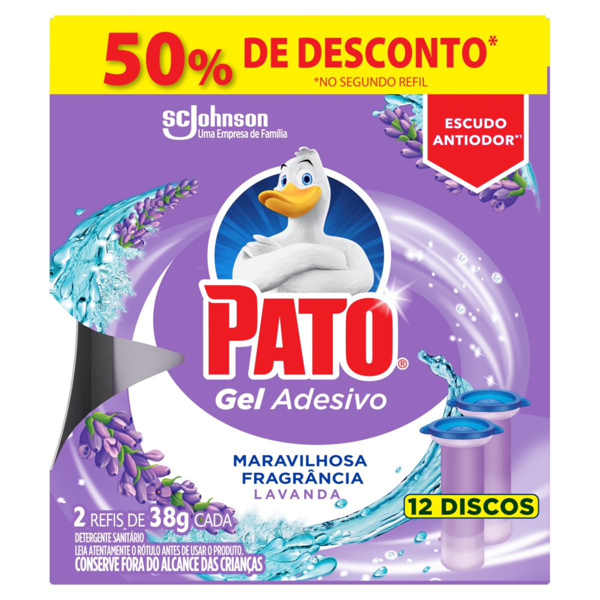 Detergente Sanitário Gel Adesivo Lavanda Pato 38g Cada 2 Unidades Grátis 50% de Desconto no Segundo Refil
