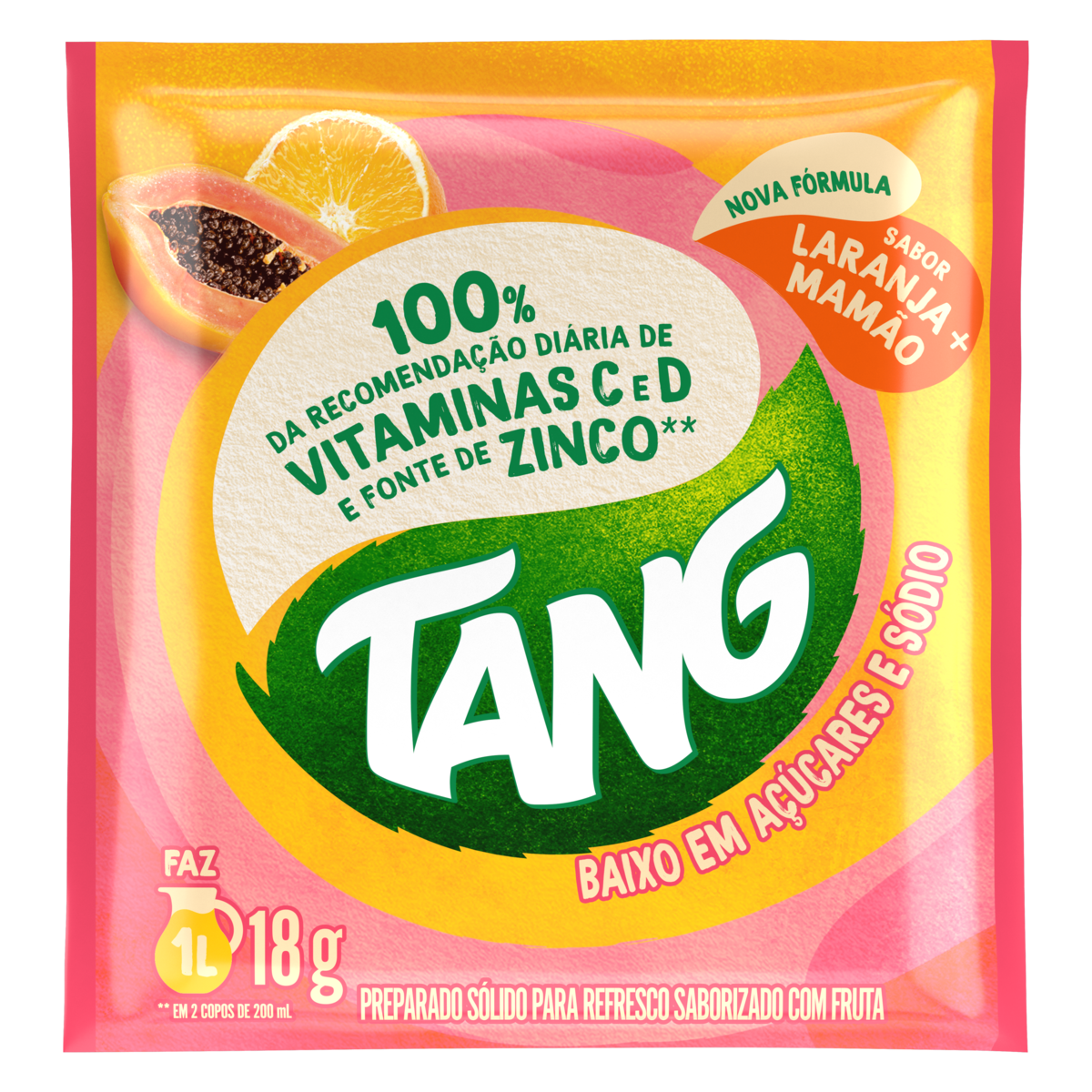 Refresco em Pó Laranja e Mamão Tang Pacote 18g