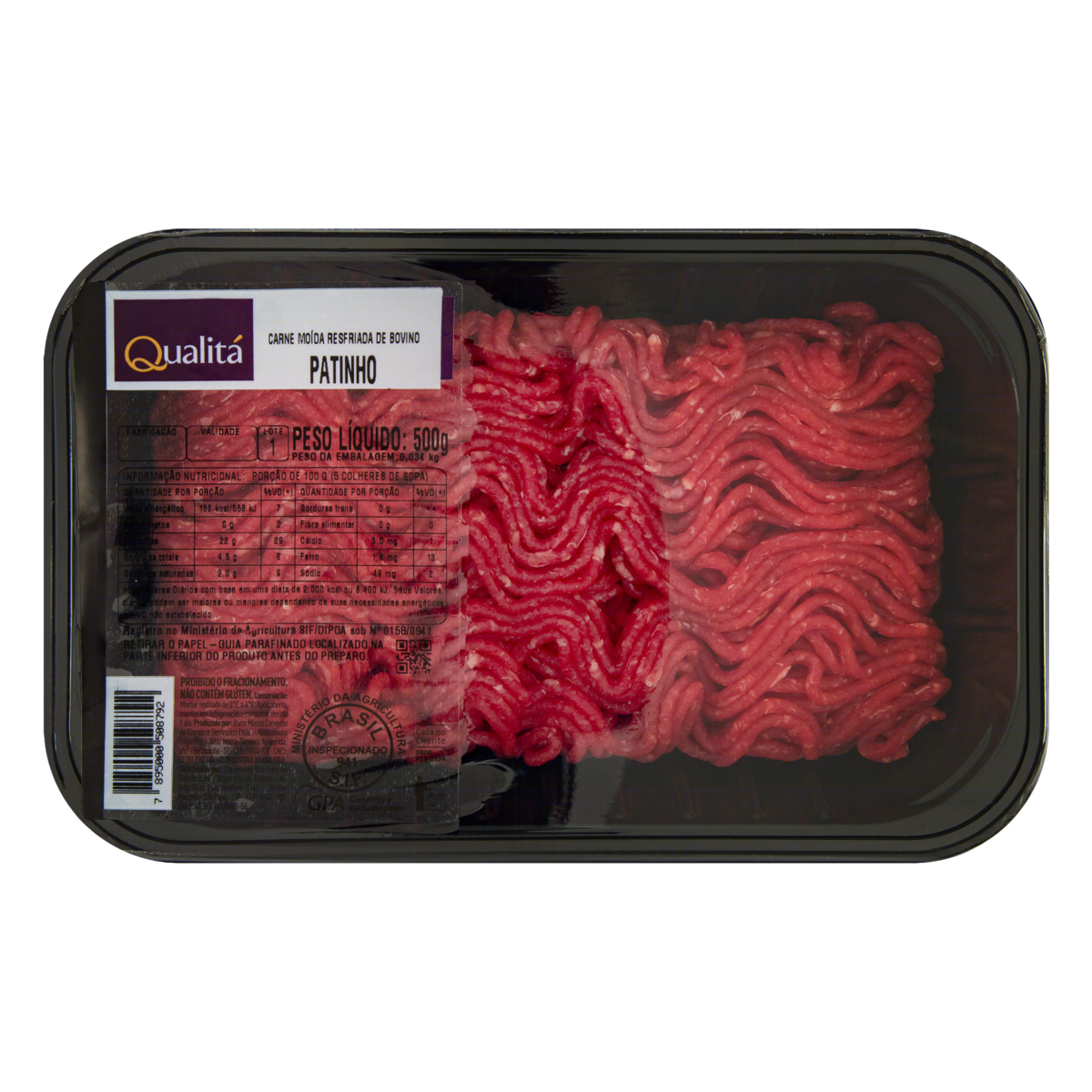 Carne Bovina Moída De Patinho Resfriada QUALITÁ Bandeja 500g