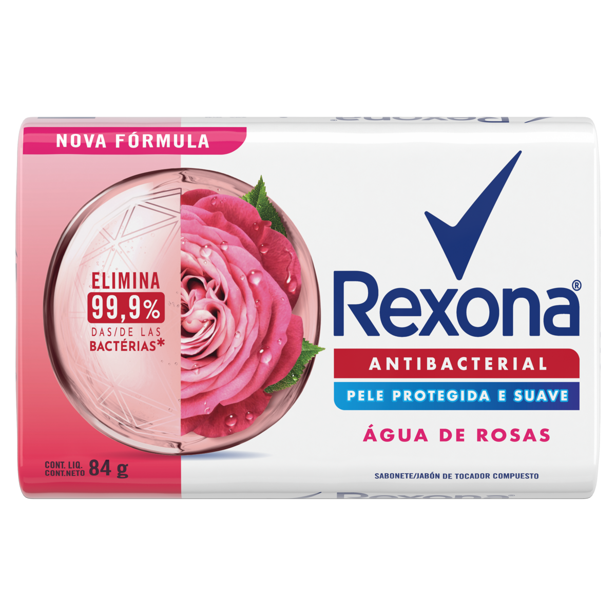 Sabonete Barra Antibacterial Água de Rosas Rexona Envoltório 84g