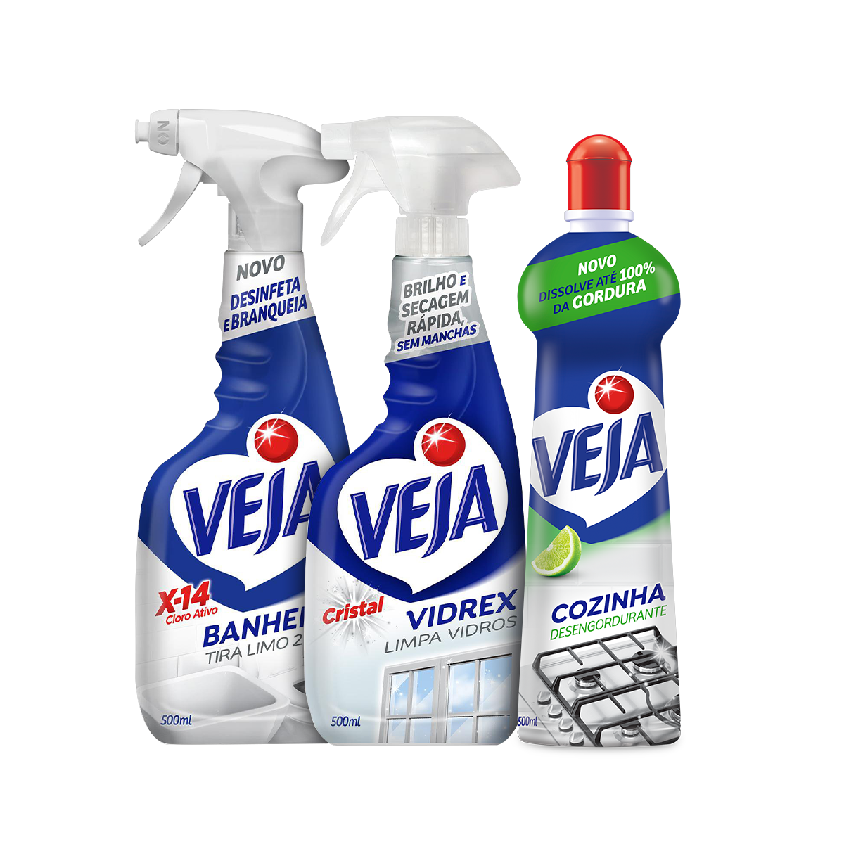 Kit Spray Tira Limo Veja Banheiro X14 500ml Oferta + Desengordurante Spray Veja Cozinha Limão 500ml Oferta + Limpa Vidros Spray Veja Vidrex Cristal 500ml Oferta