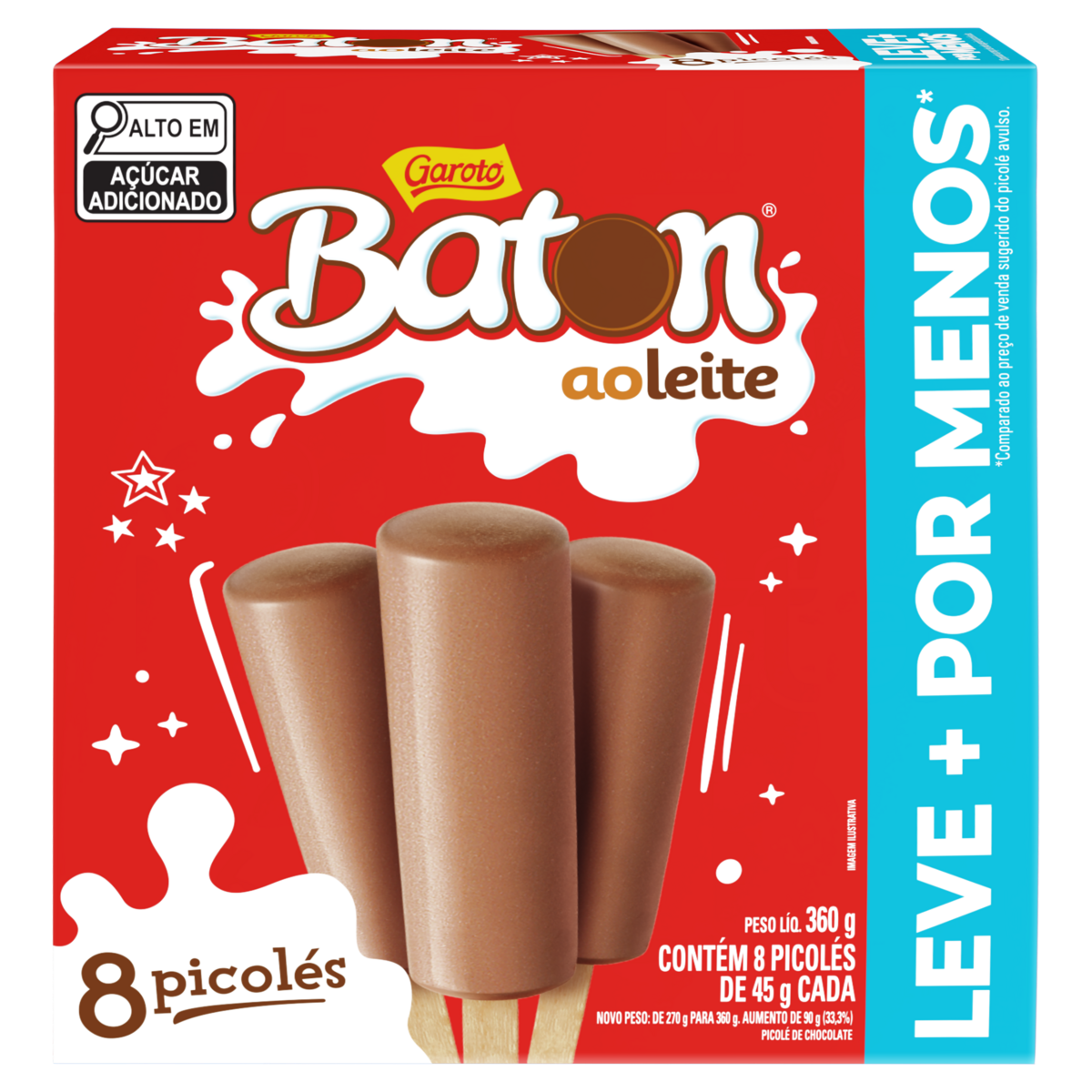 Pack Picolé Baton ao Leite Garoto Caixa 360g 8 Unidades Leve Mais Pague Menos