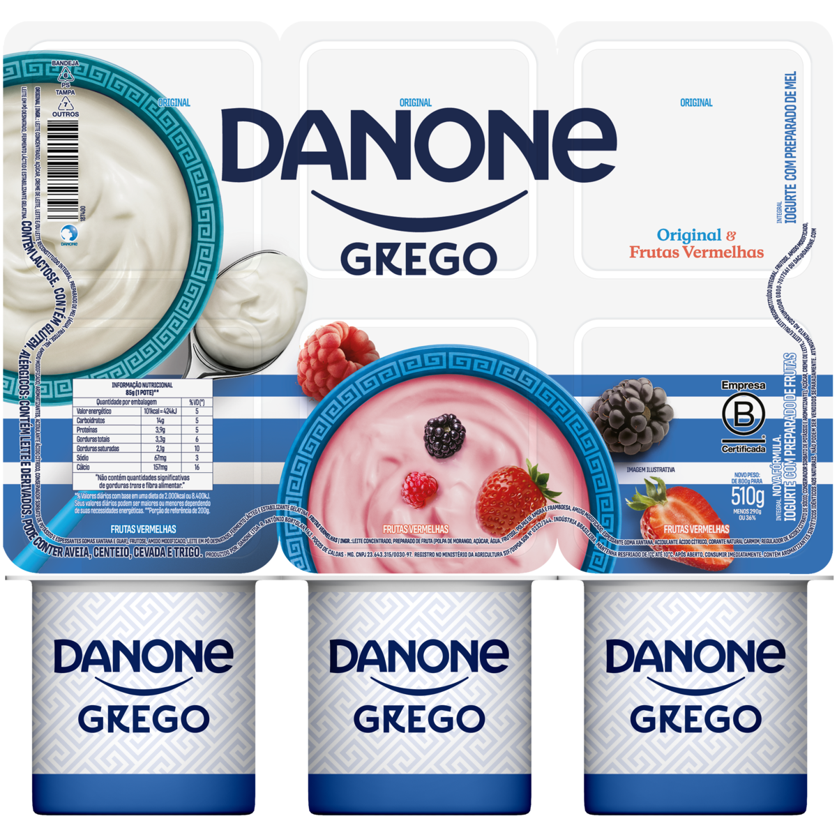 Iogurte Integral Grego Original + Frutas Vermelhas Danone Bandeja 510g 6 Unidades