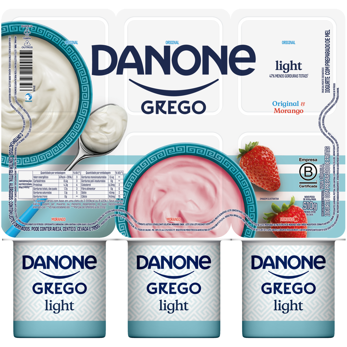 Iogurte Parcialmente Desnatado Grego Original + Morango Light Danone Bandeja 510g 6 Unidades