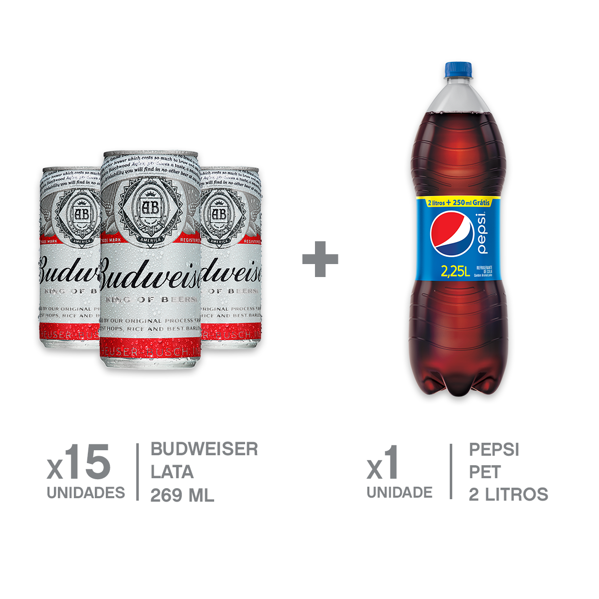 kit com 15 Cerveja BUDWEISER Lata 269ml + 1 Refrigerante PEPSI Garrafa 2L