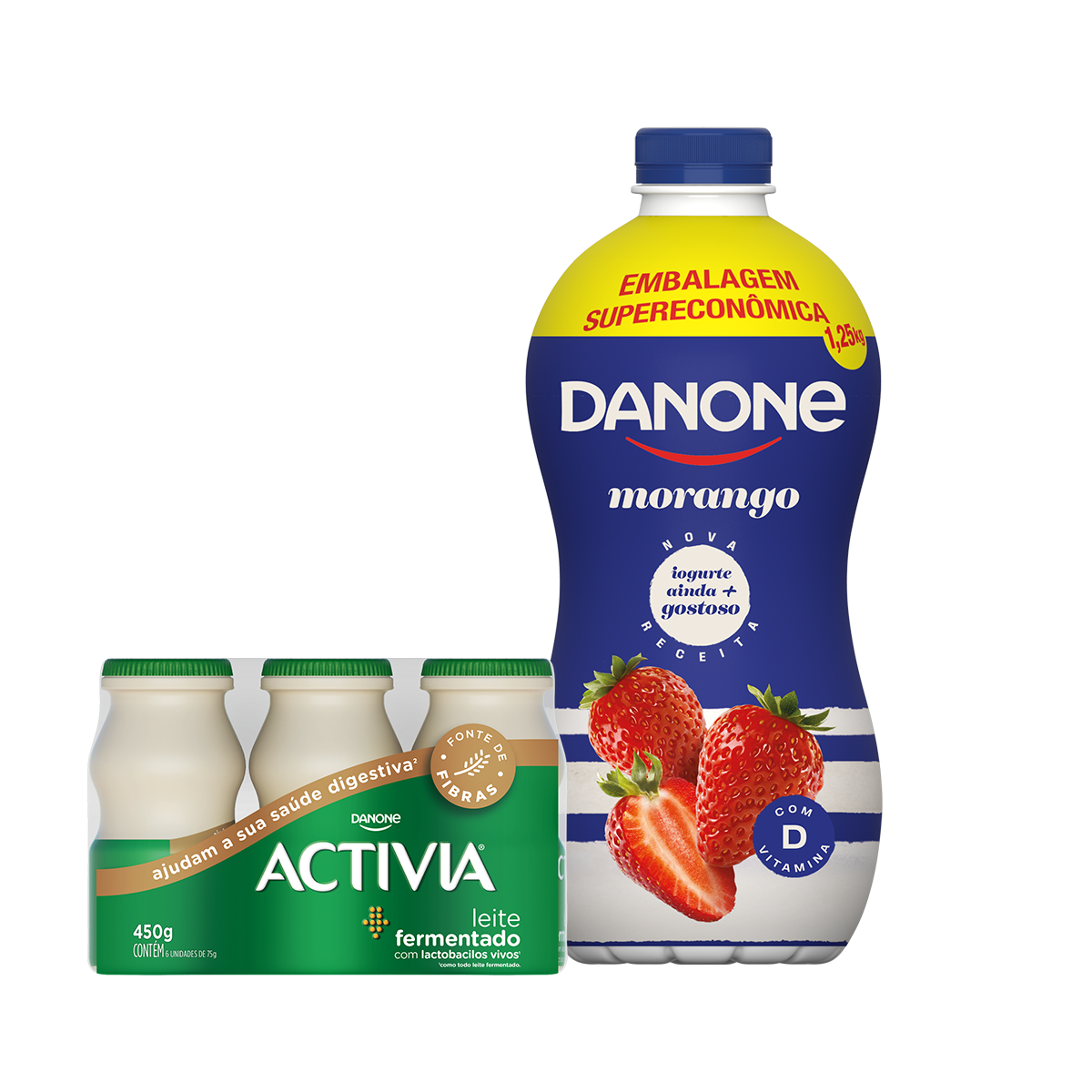 Kit Leite Fermentado Activia 450g Pack com 6 unidades + Iogurte Morango Danone Garrafa 1,25kg