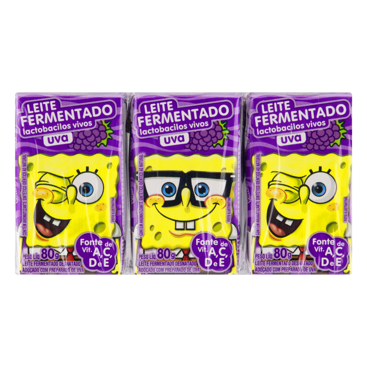 Pack Leite Fermentado Desnatado Uva Bob Esponja Batavo Caixa 6 Unidades 80g Cada