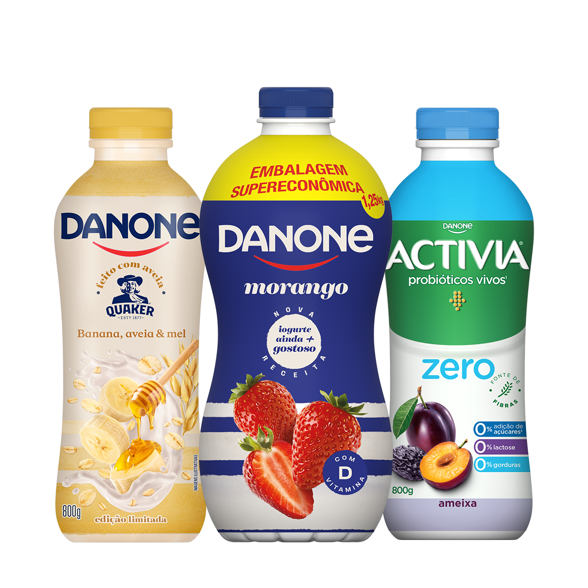 Kit Iogurte Banana, Aveia & Mel Danone Garrafa 800g + Iogurte Morango Danone Garrafa 1,25kg + Activia Líquido Zero Ameixa 800g