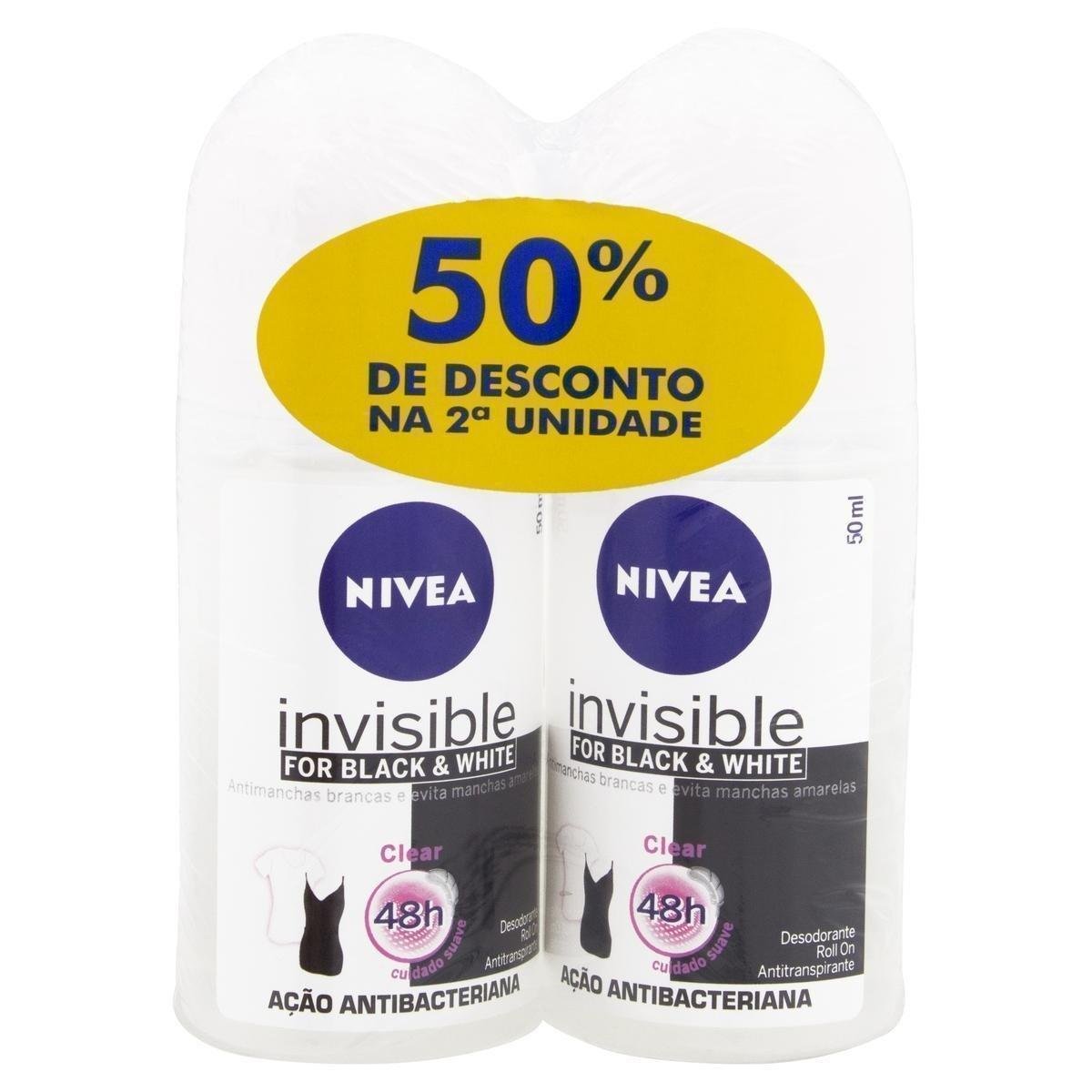 Pack Antitranspirante Roll-On Invisible Black e White Clear Nivea 2 Unidades 50ml Cada Grátis 50% de Desconto na 2ª Unidade
