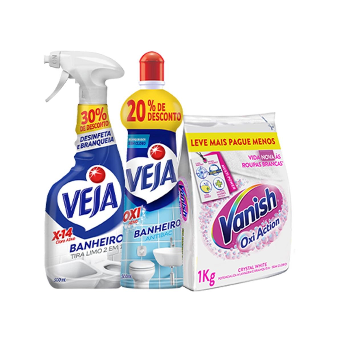 Kit Veja Banheiro X14 500ml + Veja Banheiro Oxi 500ml + Vanish Crystal White Oxi Action 1kg Refil