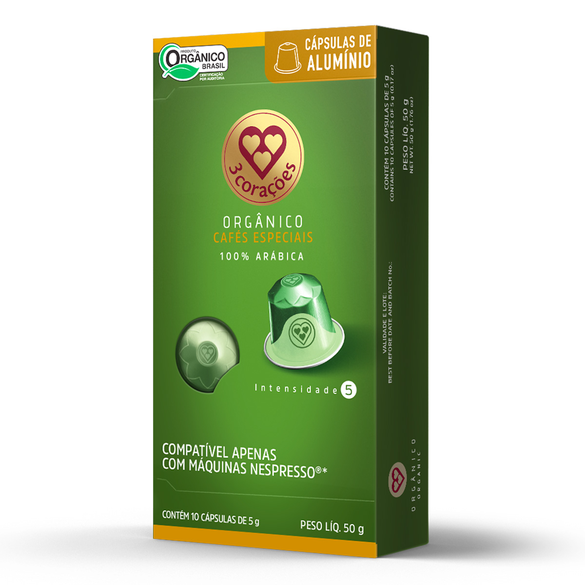 Café em Cápsula Torrado e Moído Orgânico 3 Corações Caixa 50g 10 Unidades