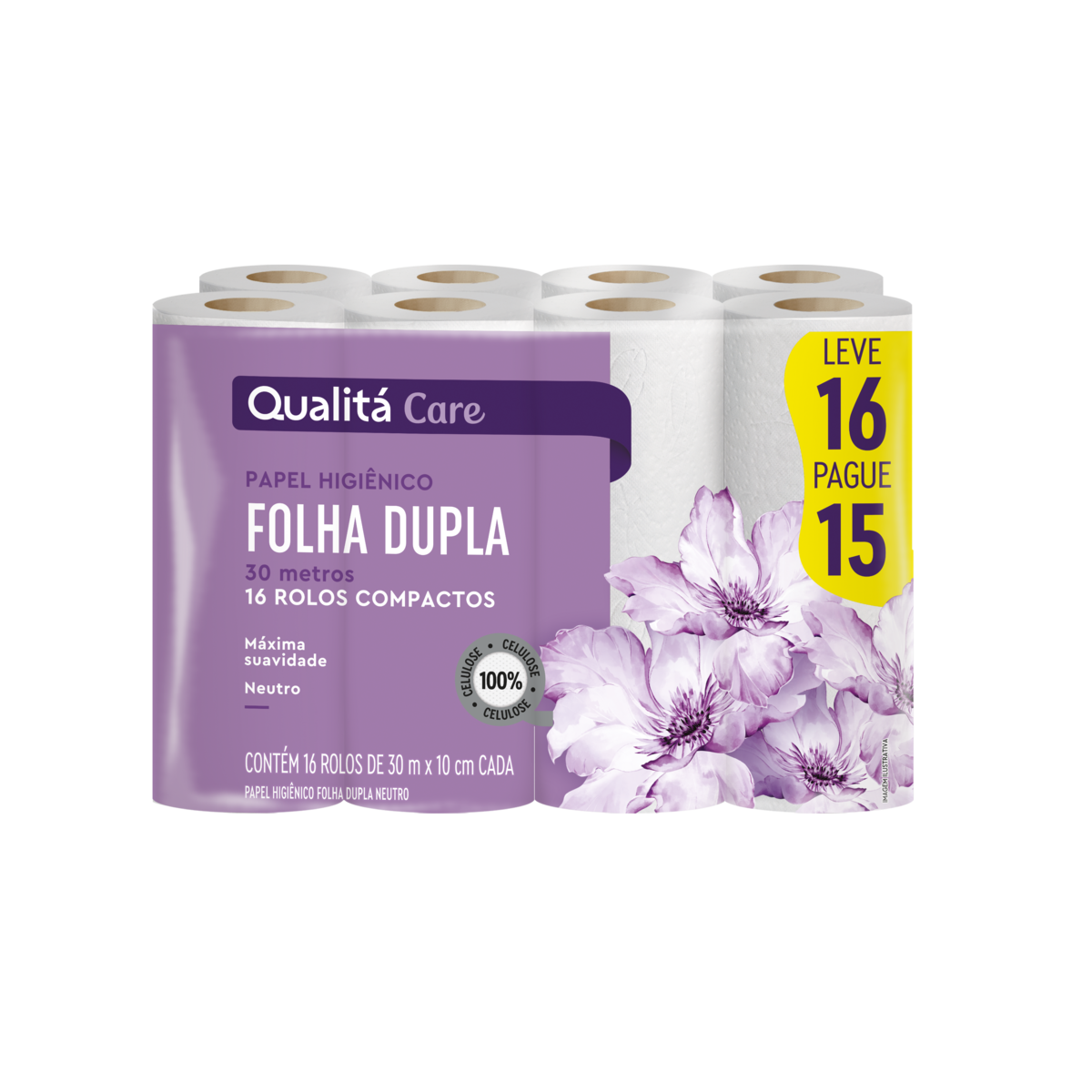 Papel Higiênico Folha Dupla Neutro Qualitá 30m Pacote Leve 16 Pague 15 Unidades
