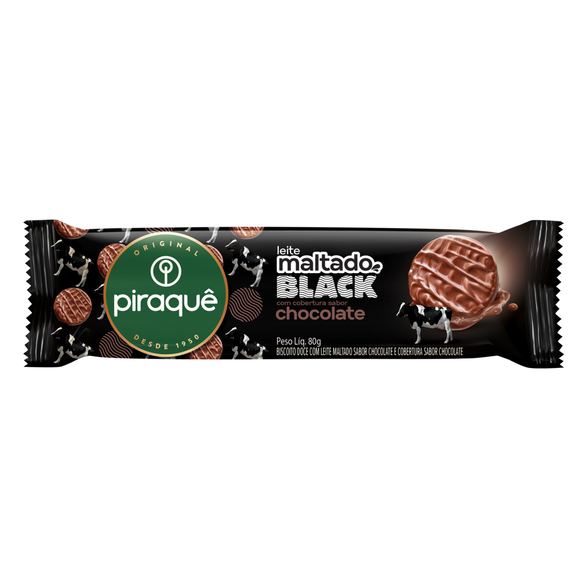Biscoito PIRAQUE Leite Maltado Black com Cobertura de Chocolate 80g