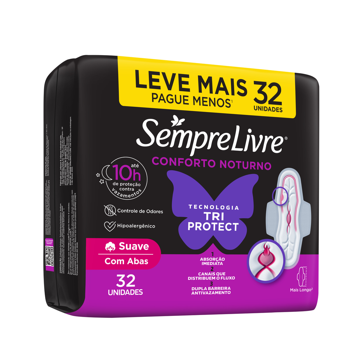 Absorvente com Abas Noite e Dia Suave Sempre Livre Adapt Plus Pacote 32 Unidades Leve Mais Pague Menos