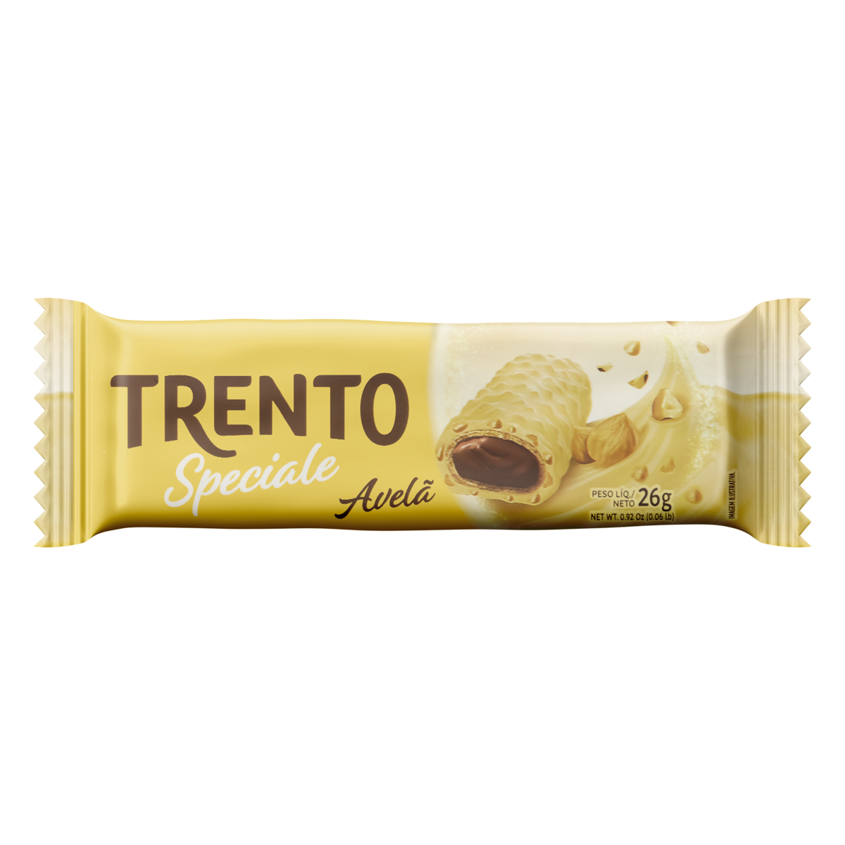 Wafer Recheio Creme de Avelã Cobertura Chocolate Branco e Pedaços de Avelã Trento Speciale Pacote 26g