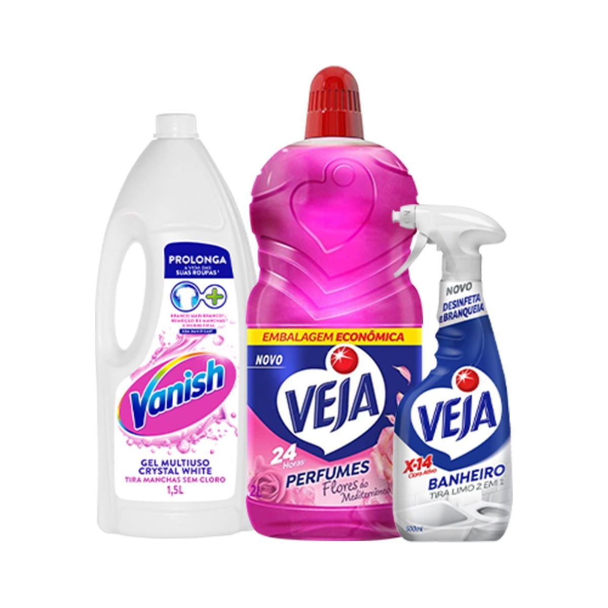 Kit Perfumado Veja Flores do Mediterrâneo- 2L + Veja Banheiro X14 500ml + Vanish Crystal White 1,5L