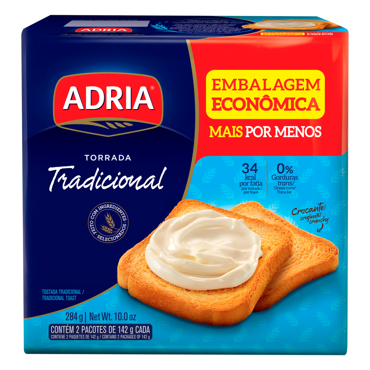 Torrada Tradicional Adria Pacote 284g 2 Unidades Embalagem Econômica