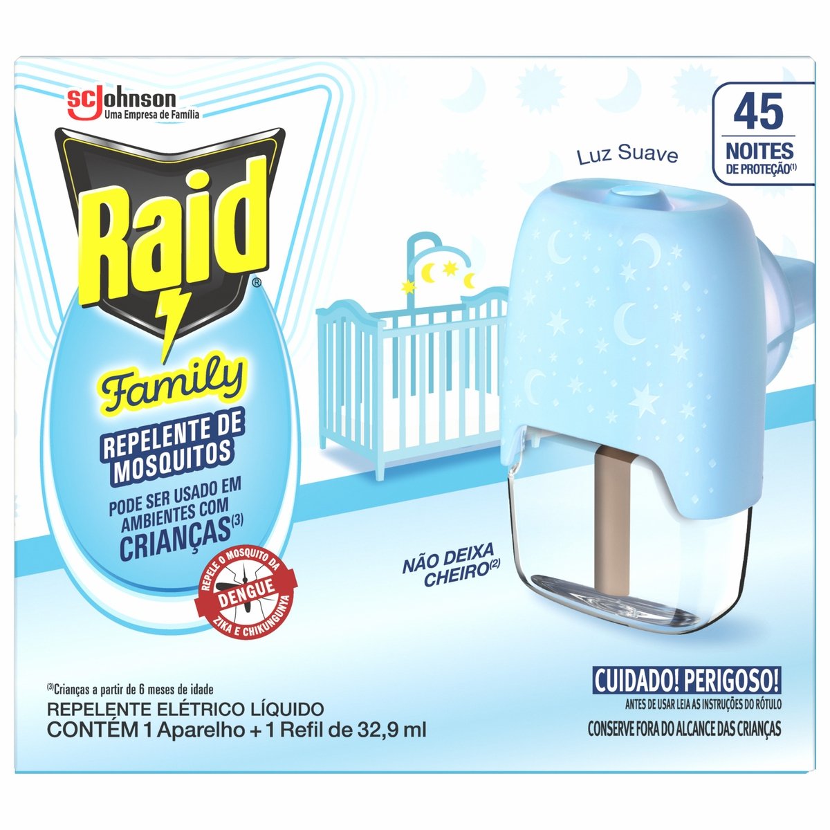 Kit Aparelho Elétrico + Refil Repelente Líquido 45 Noites Raid Family 32,9ml