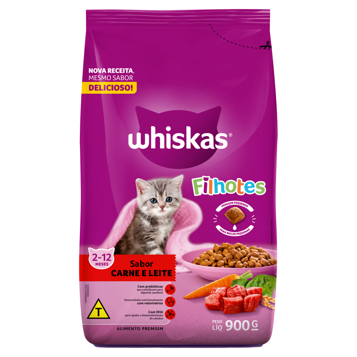 Alimento para Gatos Filhotes 2 a 12 Meses Carne e Leite Whiskas Pacote 900g