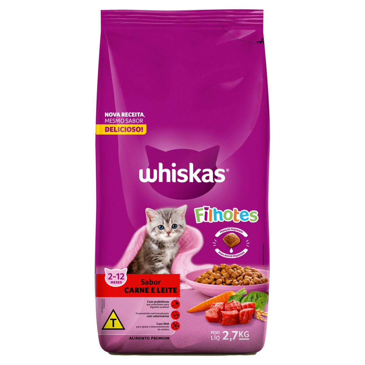 Alimento para Gatos Filhotes 2 a 12 Meses Carne e Leite Whiskas Pacote 2,7kg