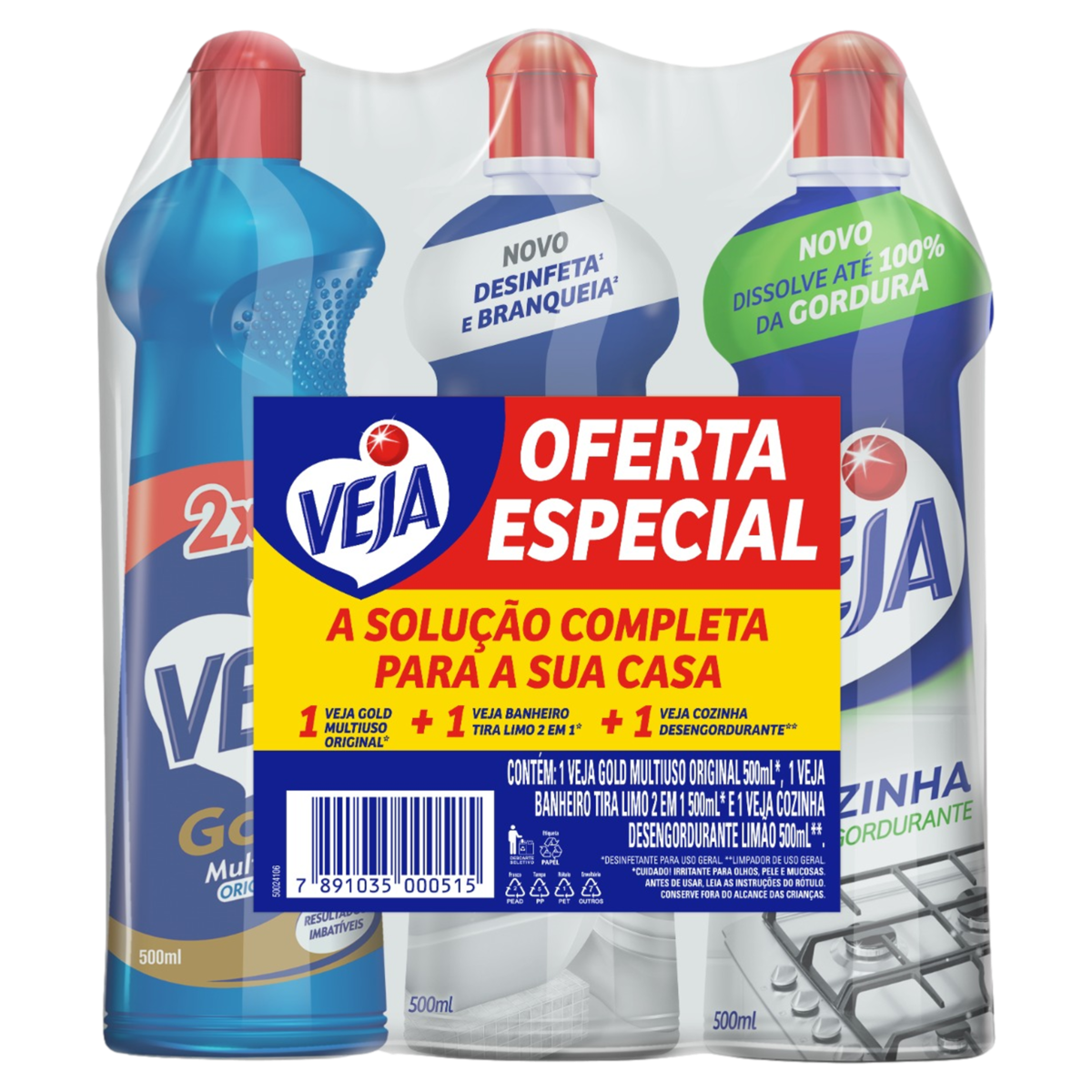Kit Veja - 1 Limpadores Multiuso Original 500ml + 1 Limpador Cozinha Desengordurante Limão 500ml + 1 Limpador Banheiro Tira Limo 500ml