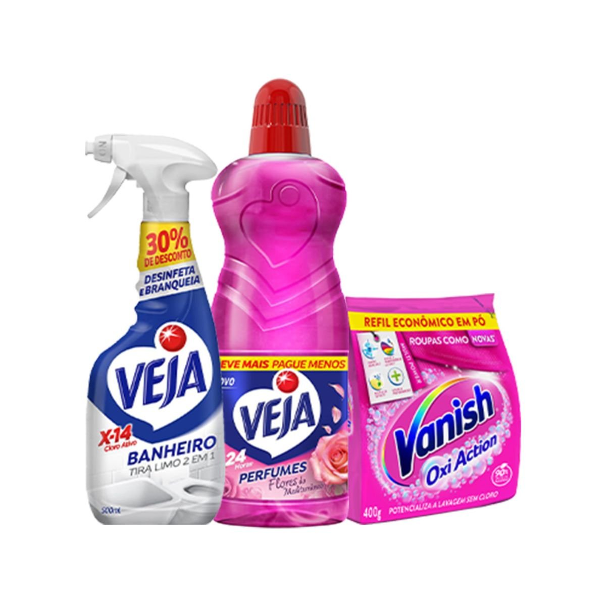 Kit Veja Banheiro X14 500ml Oferta + Perfumado Veja Flores do Mediterrâneo- 1L + Vanish Multi Power Oxi Action 400g Refil