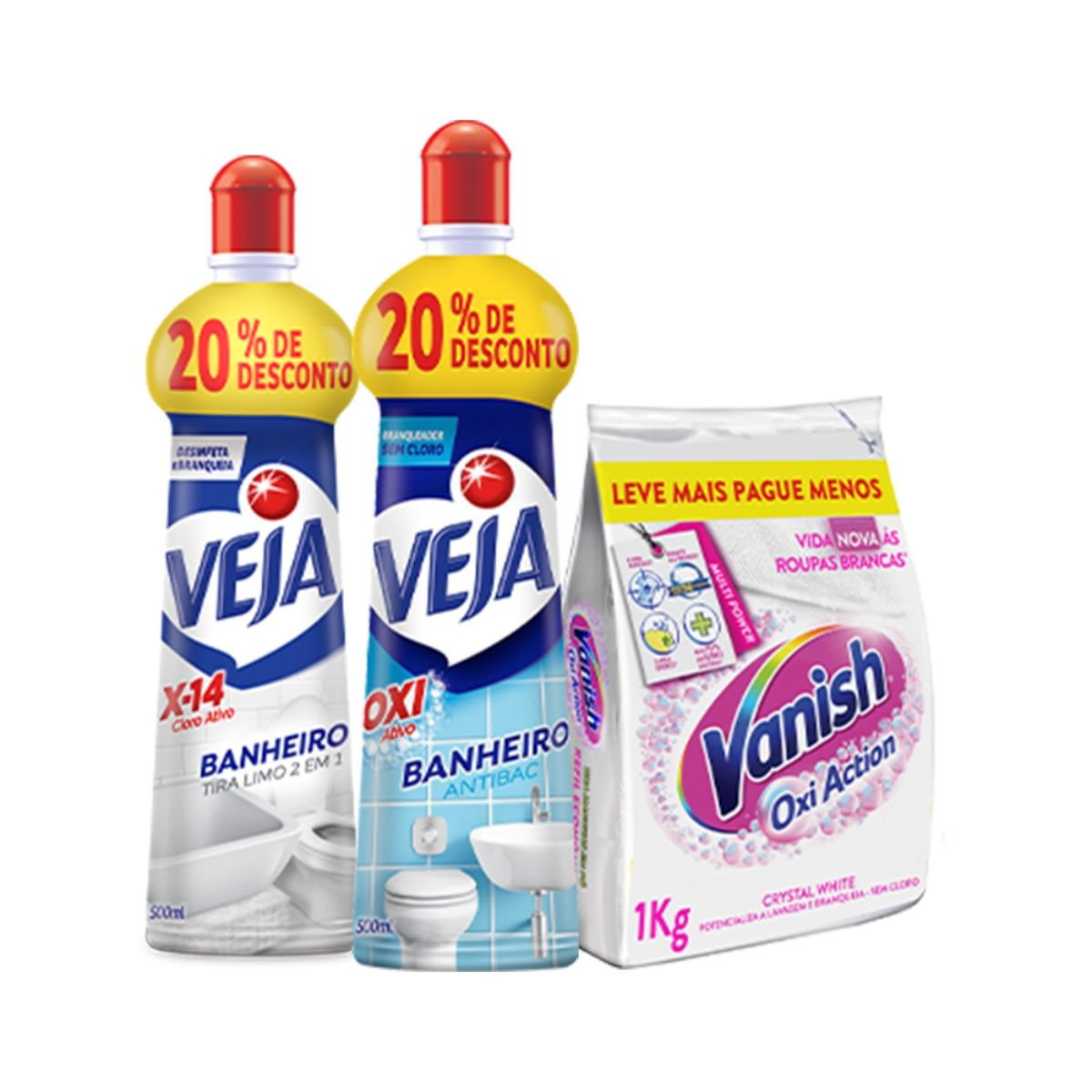 Kit Veja Banheiro X14 500ml Oferta + Banheiro Oxi 500ml Oferta + Vanish Crystal White Oxi Action 1kg Refil