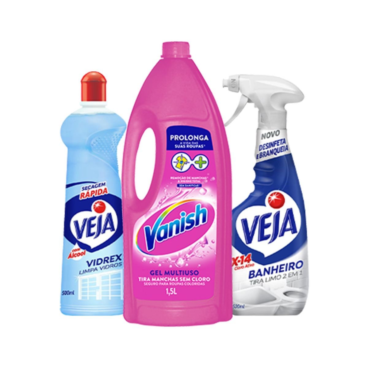Kit Veja Banheiro X14 500ml + Limpa Vidros Veja Vidrex Tradicional 500ml + Vanish 1,5L