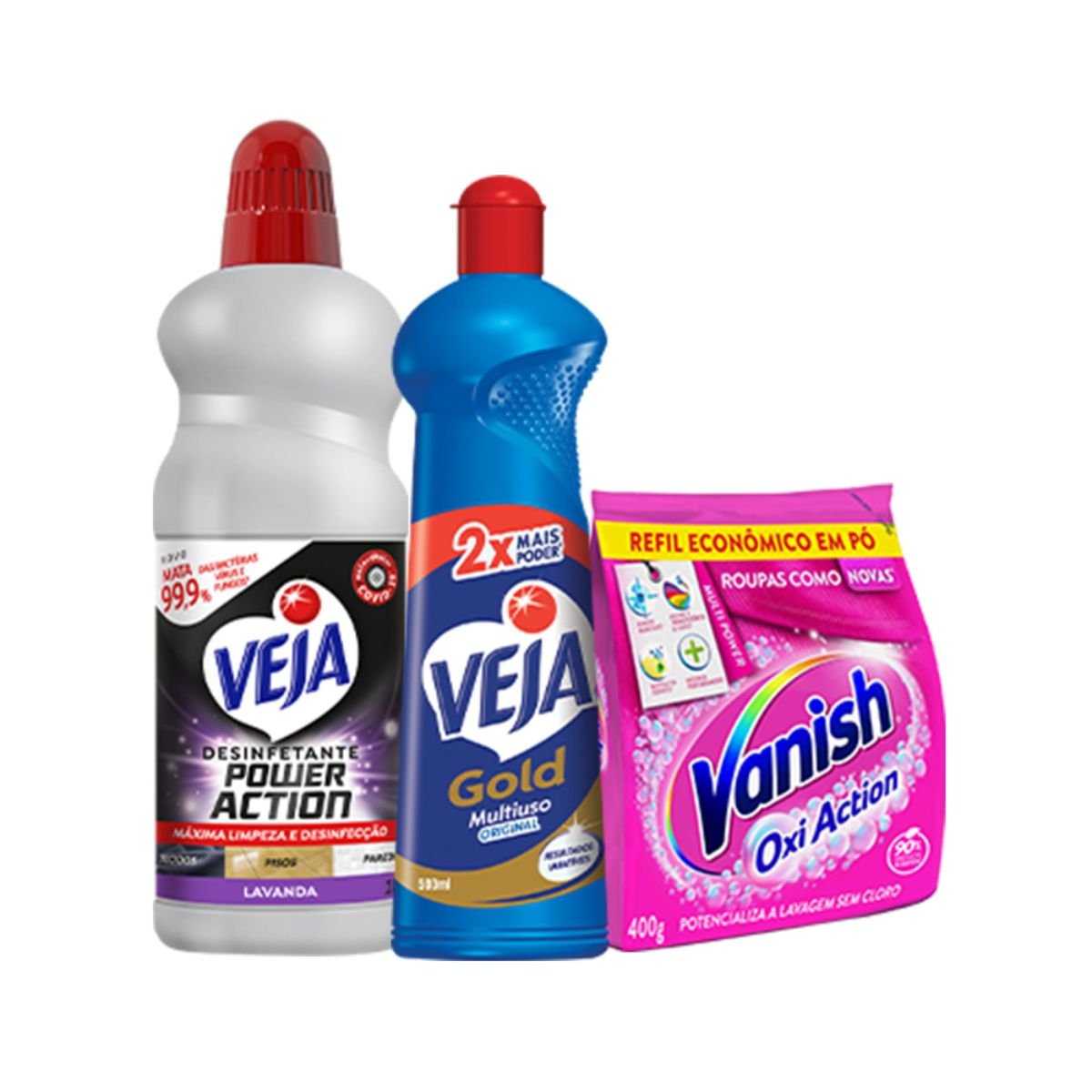 Kit Desinfetante Multisuperficies Veja Power Action Lavanda 1L + Veja Gold Original 500ml + Vanish Multi Power Oxi Action 400g Refil