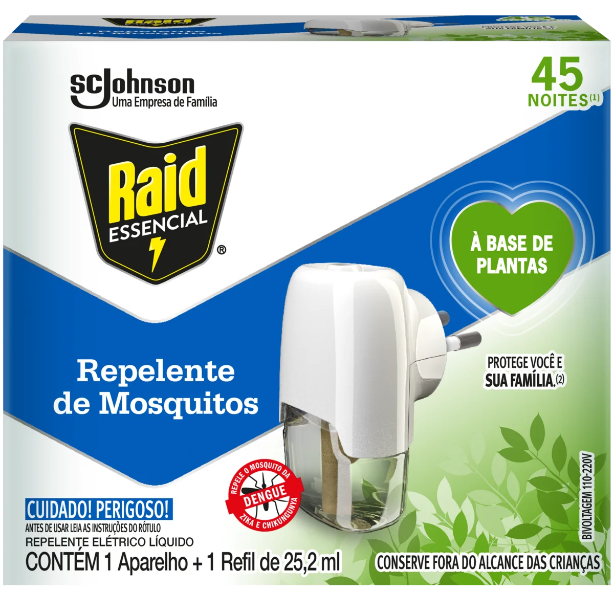 Kit Aparelho Elétrico + Refil Repelente Líquido 45 Noites à Base de Plantas Raid Essencial 25,2ml