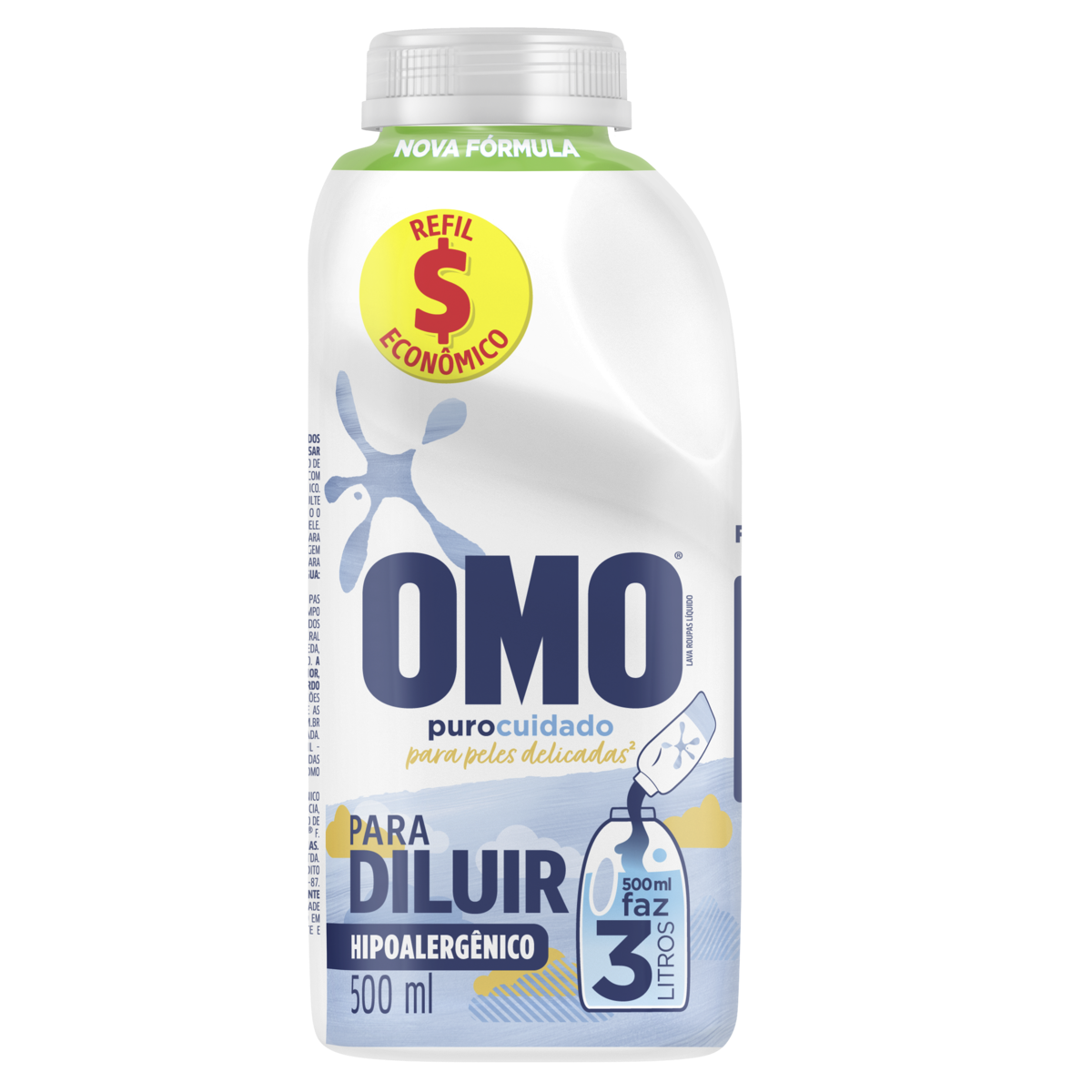Lava-Roupas Líquido para Diluir Omo Puro Cuidado Frasco 500ml Refil Econômico
