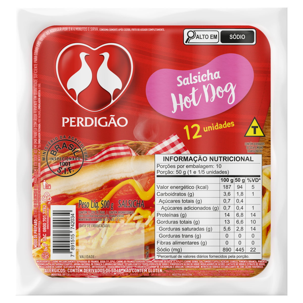 Salsicha Hot-Dog Perdigão 500g 12 Unidades