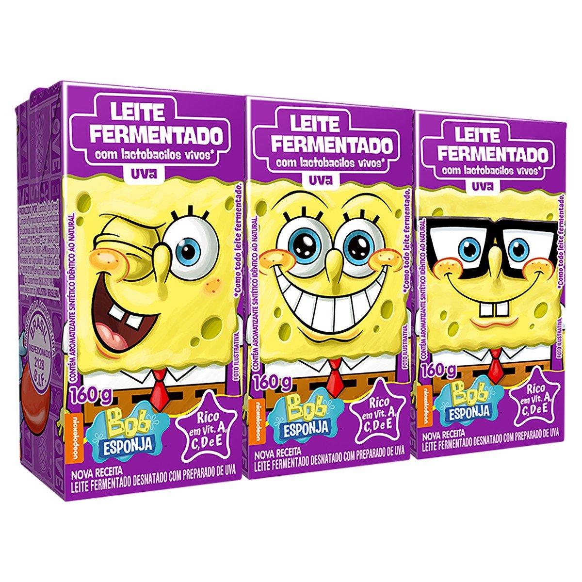 Pack Leite Fermentado Desnatado Uva Bob Esponja Batavo Caixa 3 Unidades 160g Cada