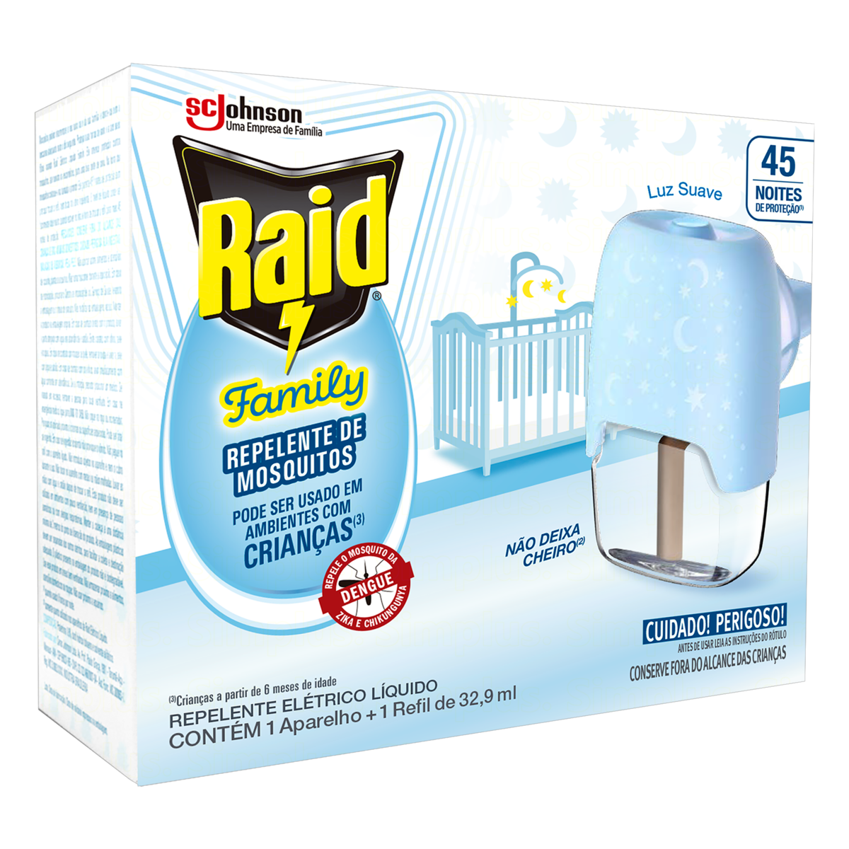 Kit Aparelho Elétrico + Refil Repelente Líquido 45 Noites Raid Family 32,9ml