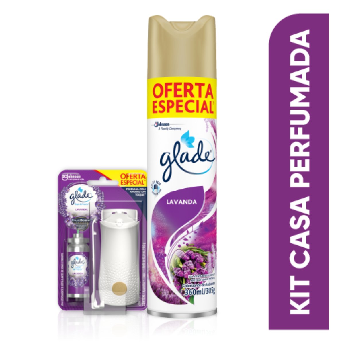 Desodorizador GLADE Aerossol Lavanda 360ml + Desodorizador Glade Toque de Frescor Aparelho c/Refil Lavanda Oferta Especial 12ml