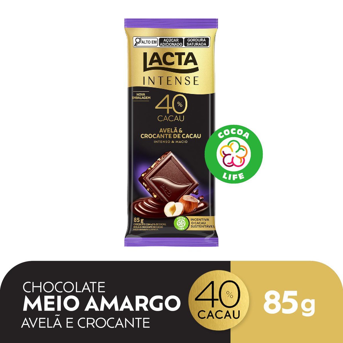 Chocolate Lacta Intense Meio Amargo 40% Cacau Avelã e Crocante de Cacau 85g