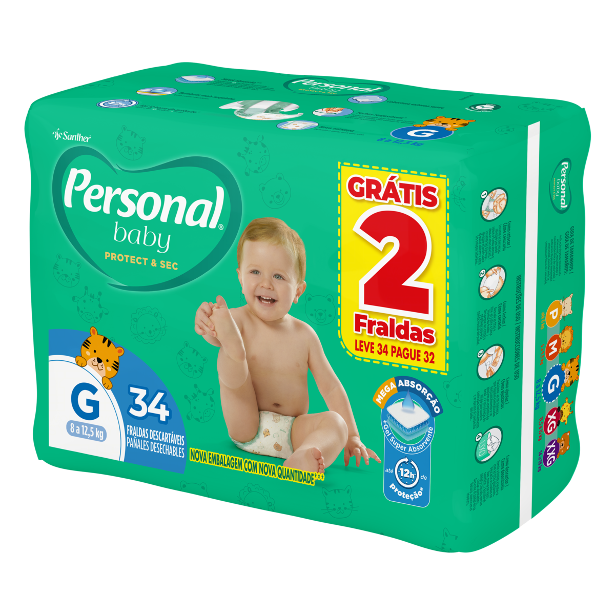 Fralda Descartável Personal Baby Protect e Sec G Pacote Leve 34 Pague 32 Unidades
