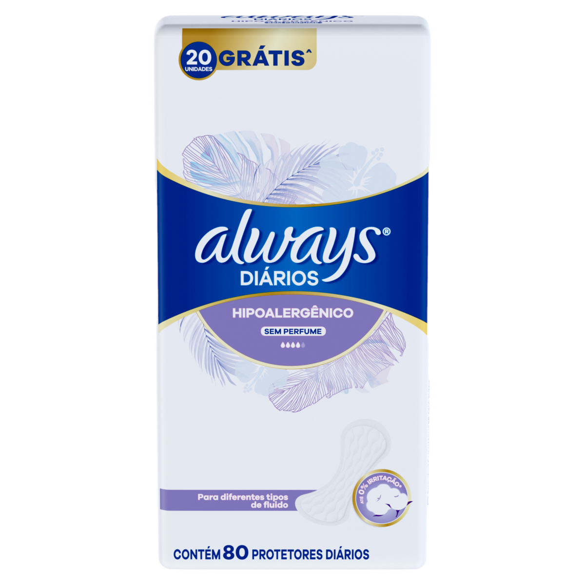 Protetor Diário sem Abas sem Perfume Always Pacote 80 Unidades Grátis 20 Unidades
