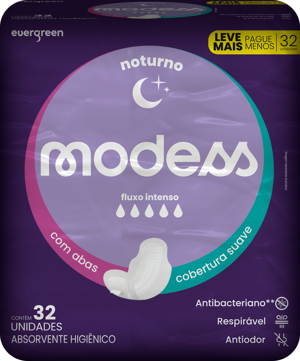 Absorvente Evergreen Modess com Abas 348g 32 Unidades