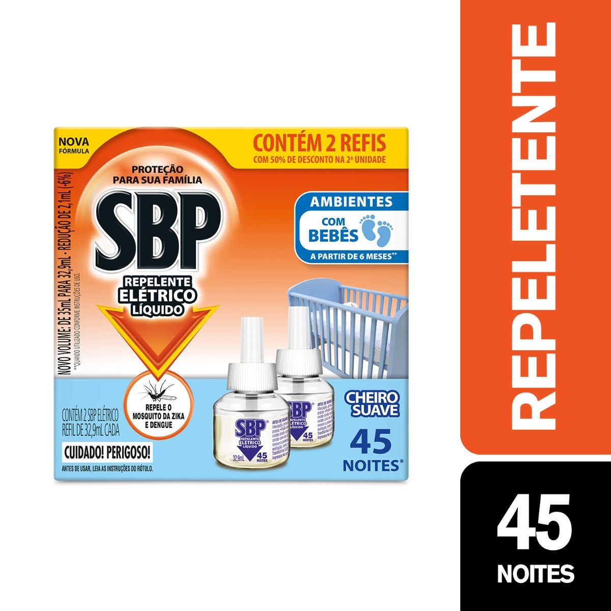 Repelente Líquido Elétrico Cheiro Suave SBP Caixa 2 Unidades 32,9ml Cada Grátis 50% de Desconto na 2ª Unidade Refil