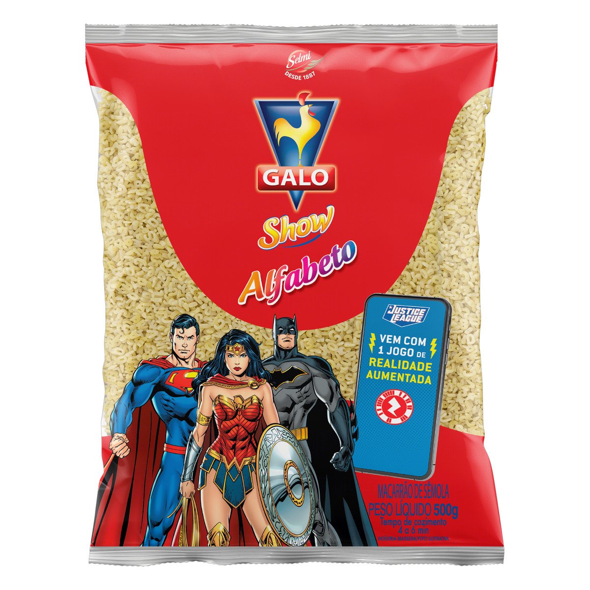 Macarrão de Sêmola Alfabeto Galo Show Pacote 500g Vem com Jogo de Realidade Aumentada Justice League